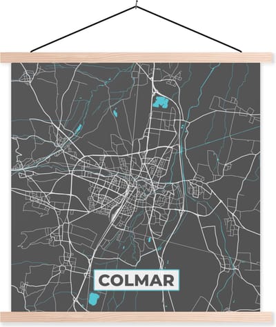 Posterhanger incl. Poster 40x40 cm - Schoolplaat - Plattegrond – Kaart – Stadskaart – Frankrijk – Colmar - Textielposter - Blanke latten - Stadskaart
