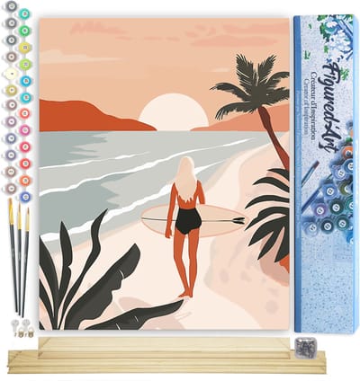Figured'Art Schilderen op Nummer Volwassenen canvas Strandwandeling bij zonsondergang- Handwerk acrylverf Kit DIY Compleet - 40x50cm met DIY houten lijst