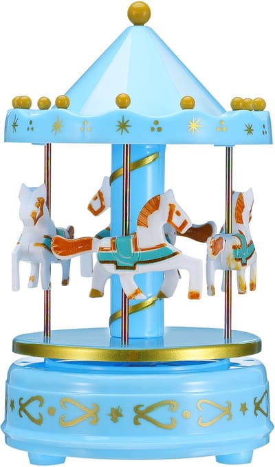 Blauwe Carrousel Muziekdoos – Zonder LED-verlichting, Opwindmechanisme, Draaiende Paarden – Romantische Tafeldecoratie
