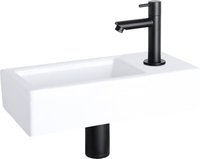 Differnz Helios fonteinset - 37,5x18,5x9,5 cm - Rechthoek - 1 kraangat rechts - Recht matte zwarte kraan - Wit