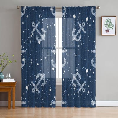 Anker Donkerblauw Transparante Gordijnen voor Woonkamer Transparante Tule Raambekleding Slaapkamer Keuken Huisdecoratie Sluier Gordijnen 135W x 114H(cm) blue