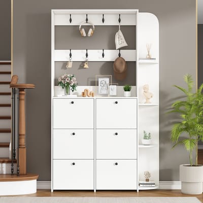 DESMIU Garderobekast – Multifunctionele Halopberger Met Schoenenopslag En Haken – Voor Entree En Woonkamer – Spanplaat – Wit – 120 X 24 X 200 Cm