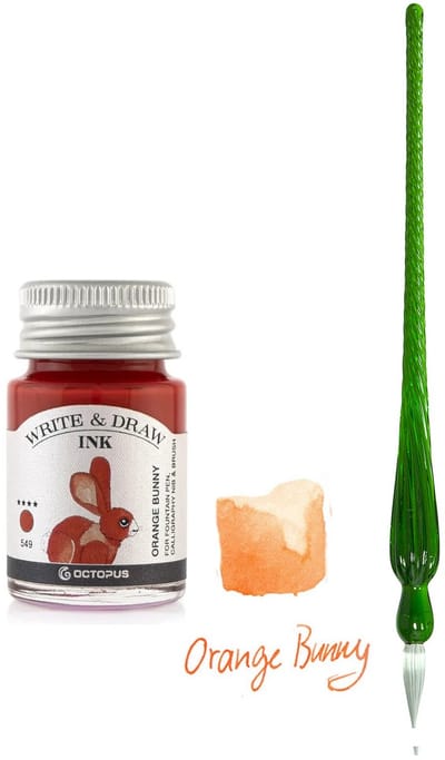 Glazen dip pen set in doosje - Groen - Potje Octopus inkt oranje bunny