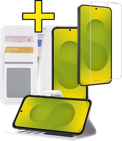 Hoesje - Met Screenprotector - Geschikt voor Samsung Galaxy S25 - Luxe Pasjeshouder - Bookcase Portemonee - Flip Case - Kunstleer Book Case - Flipcase - Book Cover - Walletcase - Portemonneehoes - Telefoonhoesjes - Wit