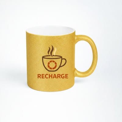 Gouden Recharge Koffiemok - Unieke Mok met Koffie-logo voor Energie