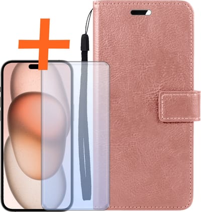 Hoes - Met Screenprotector - Geschikt voor Apple iPhone 15 - Luxe Pasjeshouder - Bookcase Portemonee - Flip Case - Kunstleer Book Case - Flipcase - Book Cover - Walletcase - PortemonneeHoes - Rosé goud