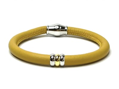 NIEUW! Jolla - dames armband zilver - leer - magneetsluiting - bedels - tweekleurig - Single Ladies - Geel