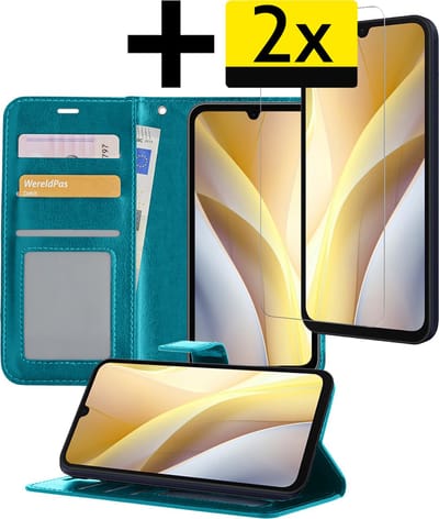 Hoesje - Met 2x Screenprotector - Geschikt voor Samsung Galaxy A15 - Luxe Pasjeshouder - Bookcase Portemonee - Flip Case - Kunstleer Book Case - Flipcase Hoes - Book Cover - Walletcase - Portemonneehoes - Telefoonhoesjes - Turquoise