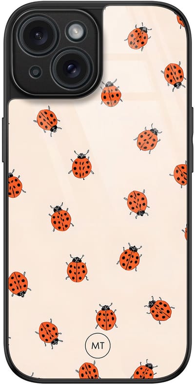 Hoesje geschikt voor iPhone 15 - Lieveheerstbeestjes - Luxe Hard Case - Lieveheerstbeestje - Beige, Rood - Mooie Telefoonhoesjes