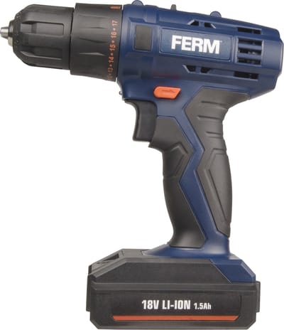 FERM - CDM1120 - Accuschroefboormachine - 18V - 1.5Ah - Li-Ion - 32Nm koppel - 17 slipkoppelingen - Snelspankop - 13mm - LED werklicht - 2 Snelheden - 2 Accu's - Snellader - Opbergkoffer - 2 dubbelzijdig bitjes - Accutol - Schroeftol - Boormachine