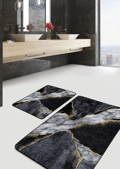 De Groen Home NATURA Badmat antislip 2 stuk set - Badmatten 60x100 en 50x60 - Wc mat - Toiletmat - Douchemat - Marmer patroon - Badkamermat