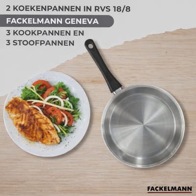 Set van 2 pannen 20 24 cm, 3 steelpannen 12 16 20 cm en 3 kookpotten 16, 20 en 24 cm in roestvrij staal Fackelmann Geneva