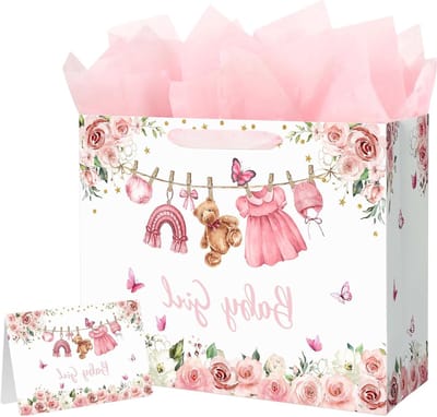 Yusenguan 13 inch grote baby geschenkzakje voor meisje, roze bloemenontwerp met handgrepen, zijdepapier en cadeaukaart, perfect voor meisje babyshower en kinderverjaardagsfeestje