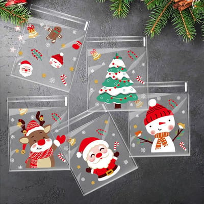 100 stuks Kerst traktatiezakjes - Zelfklevend, Wegwerp Opp Snoep- & Koekjeszakjes Met Feestelijke Cartoon Ontwerpen Voor Vakantie Cadeaui white