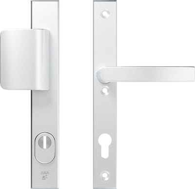 AXA Veiligheidsbeslag (Edge Plus) Smal Aluminium glad: Duwer-Kruk (model D-duwer/Blok) PC92 met kerntrekbeveiliging SKG***