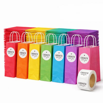 50 kleine papieren cadeautasjes blauw geel groen oranje roos rood paars mix 3 verschillende kleuren 18x8x22 cm + witte stickers “Cadeautje voor jou” draagtassen Kraftpapier Met gedraaid handgrepen - Kraft Tasjes Met Handvat - Zakjes