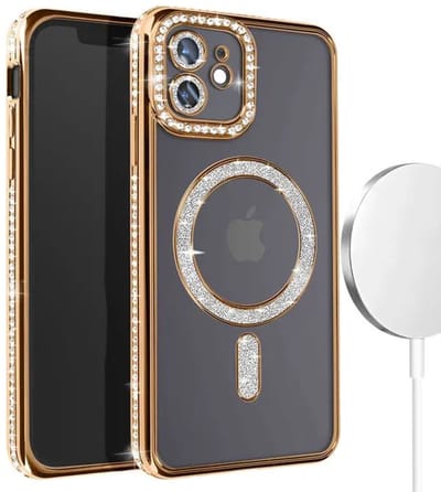 Hoesje met Diamantjes en Glitter Geschikt voor: iPhone 12 Pro Max - MagSafe Glitter Hoesje - Goud met Diamanten steentjes - Glamour Hoesje
