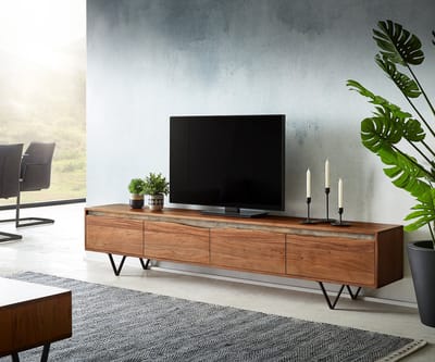 Tv-meubel Stonegrace acacia bruin Boomrand 220 cm 4 deuren V-poot zwart Tv-meubel