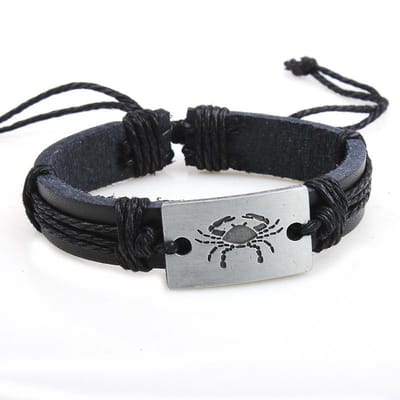 Kreeft / Cancer - Leren Armband met Sterrenbeeld Hanger - Zwart Leer - Staal - Astrologie - Armbanden - Papa Cadeau Voor Mannen - Vaderdag