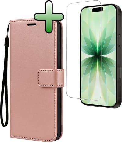 Hoesje Met Screenprotector - Geschikt voor Apple iPhone 17 - Luxe Pasjeshouder - Bookcase Portemonee - Flip Case - Kunstleer Book Case - Flipcase - Book Cover - Walletcase - Portemonneehoes - Rosé goud