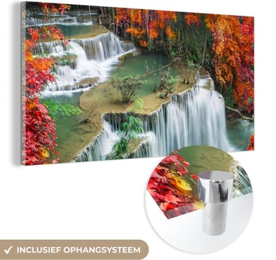 MuchoWow® Glasschilderij 40x20 cm - Schilderij acrylglas - Bomen - Waterval - Herfst - Natuur - Foto op glas - Schilderijen