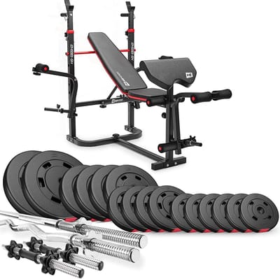 Hop-Sport HS-1065 – Krachtstation – Verstelbare halterbank – Lange halter en curlstang – 75 kg gewichten set