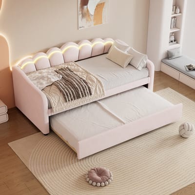 DESMIU Slaapbank 90x200 cm – Uitschuifbaar Eenpersoonsbed met Ledverlichting – Rolbed voor Extra Slaapplaats – Jeugdkamer – Fluweel – Roze – Zonder matras