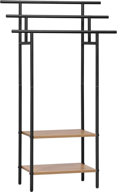 Sello! kledingrek – handdoekenrek – badkamerrek – 3 stangen – 2 opbergplanken – vrijstaand – metalem frame – verstelbare voetjes