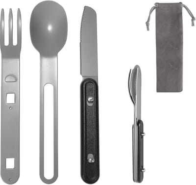 Bestekset van roestvrij staal, afneembaar, servies, mes, vork, lepel, set, reis, hiken, backpacken, draagbaar bestek, met trekkoord
