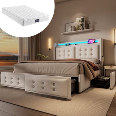 DESMIU Gestoffeerd Bed 140x200 cm – Tweepersoonsbed Met Led-Hoofdbord En Oplaadfunctie – 4 Laden En Opbergvakken – Voor Slaapkamer – Katoen-Linnen – Beige – Met Matras