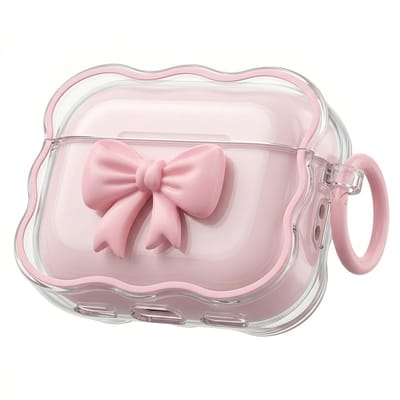 Roze transparant hoesje voor oordopjes dames met 3D strik en golvende rand geschikt voor AirPods Pro 2 siliconen soft case beschermhoes met ring