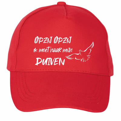 Mijncadeautje - 5 panel - Cap - Verstelbaar - Pet van 100% dik geborsteld katoen- unisex - opdruk wit - opzij opzij naar mijn duiven - rood