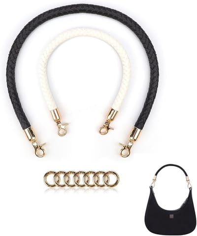 Set van 2 gevlochten leren handvatten met karabijnhaak en ronde karabijnhaak, ideaal voor handtassen, cameratas en accessoires, wit 40 cm en zwart 60 cm