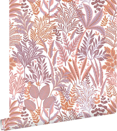 ESTAhome behang tropische bladeren en bloemen oranje en paars - 50 x 900 cm - 131667
