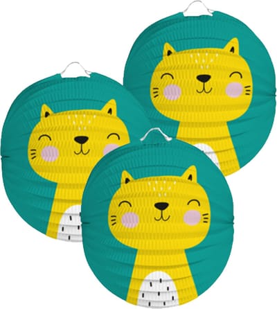 Folat Lampion kat/poes - 3x - 22 cm - blauw - papier - Sint maarten/kinderfeestje lampionnen