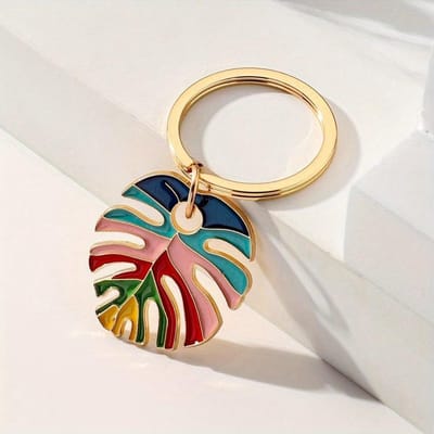 Sleutelhanger emaille Meerkleurig Regenboog Schildpad Blad Sleutelhanger Sleutelring Voor Vrouwen Mannen Boho Fris Bladplant Tas Auto Airpods Sleutel beige