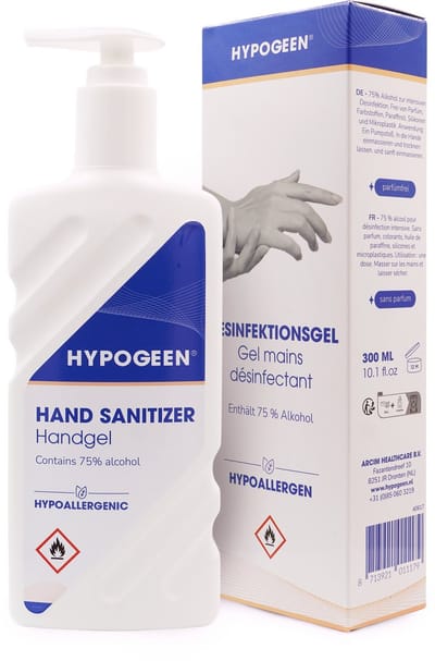 Hypogeen Handgel 300ml Pompflacon - 75% Alcohol - Milde Reiniging voor Gevoelige en Droge Handen – Met Glycerine, Hydrateert en Voorkomt Uitdroging – Vrij van Parfum en Kleurstoffen