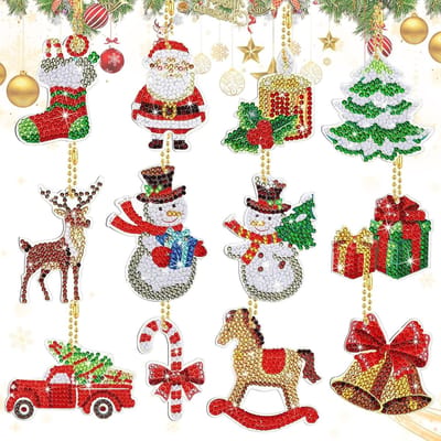 12-delige set schilderen in klein formaat, DIY sleutelhanger kerstdecoraties, acrylplaat en sleutelhanger voor creatieve projecten