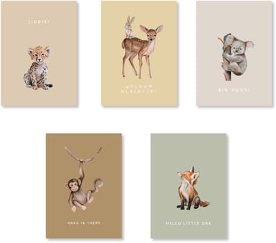 Decoratieparadijs - 5x geïllustreerde wenskaarten (A6 formaat) – zachte dieren illustraties – kaartenset – om te versturen of in te lijsten – ongevouwen kaart – duurzaam papier