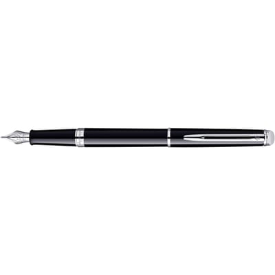 Waterman Hémisphère-vulpen | Glimmend zwart met chromen rand | Medium penpunt | Zwarte inkt | Cadeauverpakking