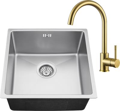 Auralum max Spoelbak voor keuken 44x44CM - Spoelbak Keuken Met Goud Keukenkraan - Roestvrij staal - Wasbak met waterafvoersysteem - Gootsteen RVS