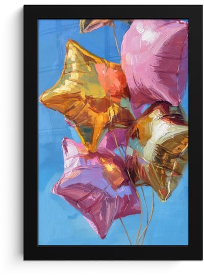 Poster in lijst - Fotolijst 20x30 cm - Posters - Ballonnen - Goud - Stervorm - Roze - Posterlijst zwart - Decoratie - Wanddecoratie woonkamer - Muurdecoratie slaapkamer