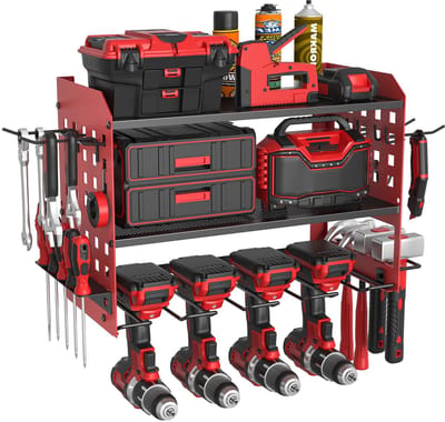 Unyqoos ® Veelzijdige Gereedschapswandhouder voor Garage en Werkplaats met Drie Niveaus, Ruimte voor Elektrisch Gereedschap, Rood