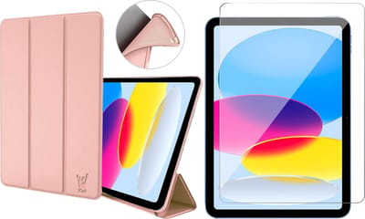Hoes met Screenprotector geschikt voor iPad 2022 10.9 inch 10e Generatie / iPad 2025 11 inch (A16) 11e Generatie - Trifold Smart Cover Book Case Kunstleer Tablet Hoesje Roségoud + Gehard Glas Screen Protector