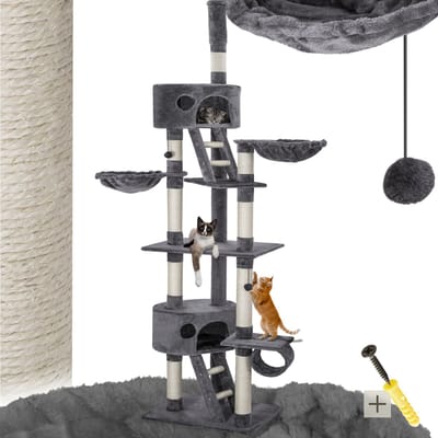 tectake® Kattenkrabpaal XXL – Plafondhoog 243-260cm – Verstelbare Krabpaal met Trap, Huisjes, Buis, Ligmandjes en Sisalzuilen – Grijs – Kattenhuis, Kattenboom, Krabmeubel voor Binnen