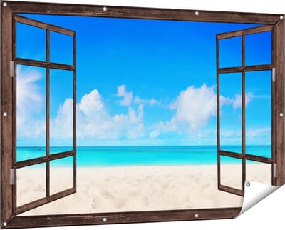Gards Tuinposter Doorkijk Strand en Zee met Helder Witte Zand - 150x100 cm - Tuindoek - Tuindecoratie - Wanddecoratie buiten - Tuinschilderij