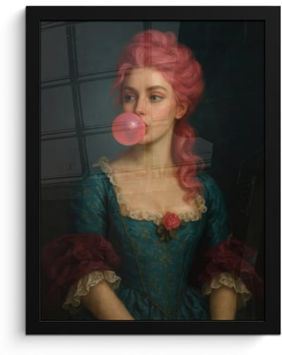 Poster in lijst - Fotolijst 30x40 cm - Posters - Vrouw - Portret - Kauwgombel - Posterlijst zwart - Decoratie - Wanddecoratie woonkamer - Muurdecoratie slaapkamer