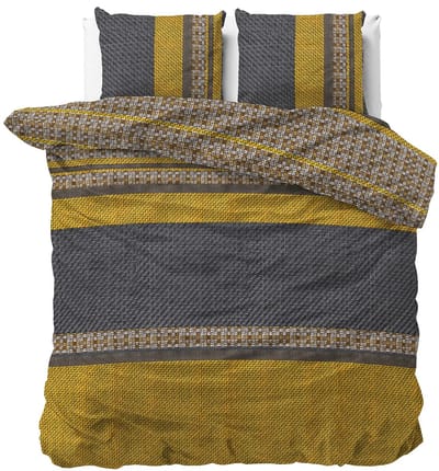 2-persoons trendy dekbedovertrek okergeel / goud / antraciet / zwart met diverse figuren, strepen en brei patroon tweepersoons 200 x 220 cm (sfeervol en modern beddengoed slaapkamer!)