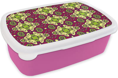 Broodtrommel Roze - Lunchbox - Brooddoos - Patroon - Versiering - Groen - 18x12x6 cm - Kinderen - Meisje