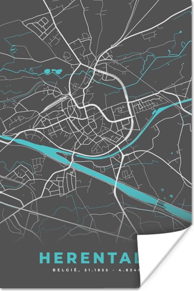 Poster Stadskaart – Grijs - Kaart – Herentals – België – Plattegrond - 120x180 cm XXL
